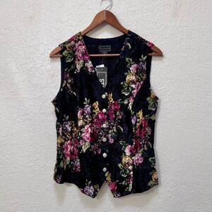 Starina Vintage Floral Crushed Velvet Vest Black Pink Purple Button Front Large